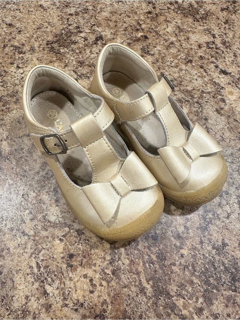 L'Amour Metallic Gold T-Strap Bow Kids Dress Shoes